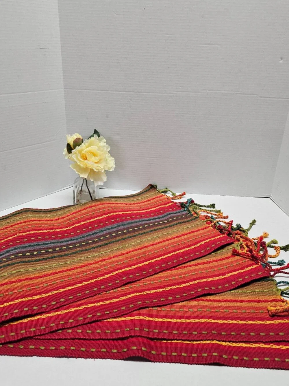 4 Lot Bundle Pier 1 Stripped Fringed Placemats Southwest Boho Warm Colors